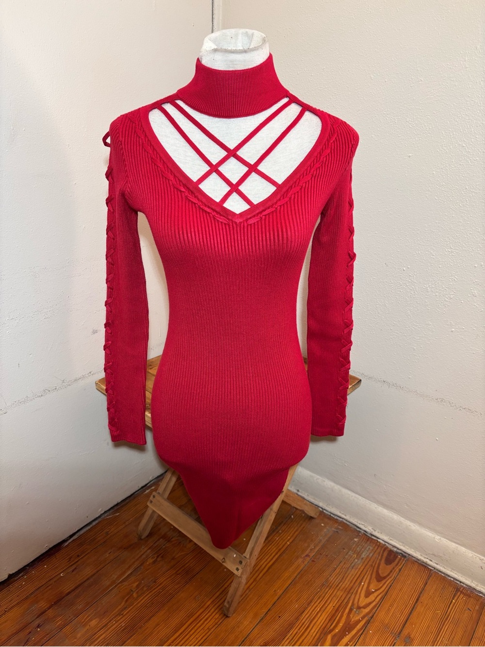 Guess Lace Up Mock Neck Dylan Ribbed Sweater Dress NWT